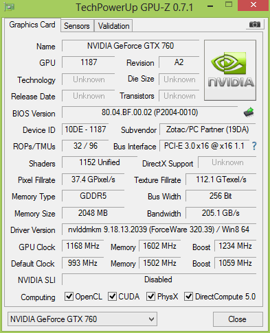 ZOTAC GeForce GTX 760 2 Гбайт после разгона