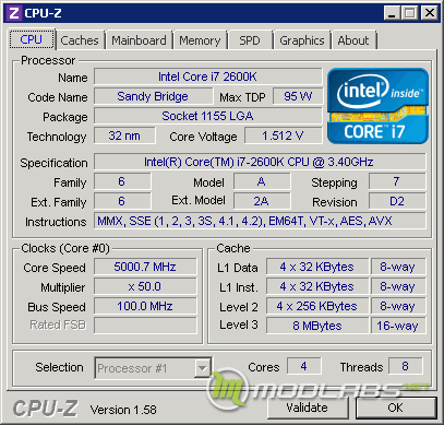 CPU-Z Core i7-2600K 5000 MHz 1.51V