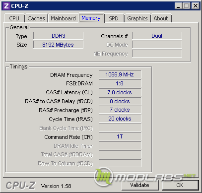 CPU-Z 4x2048Mb DDR3 2133 MHz 7-8-7-20 1T