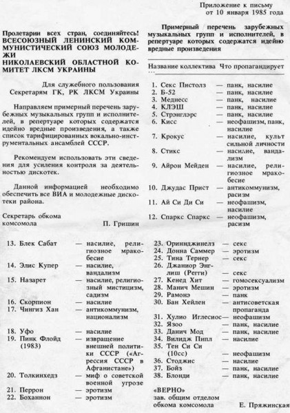 Список запрещеных муз. групп СССР