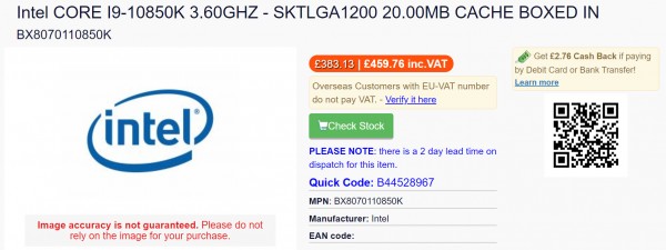Core i9-10850K, BX8070110850K