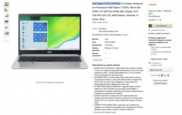 Acer Aspire 5 A515-45-R2J2 на Ryzen 7 5700U