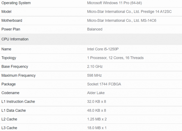 Core i5-1250P, Intel Alder Lake-P