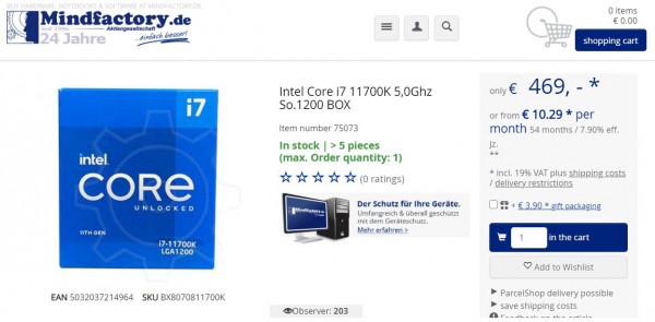 Intel Core i7-11700K, Rocket Lake-S, Mindfactory