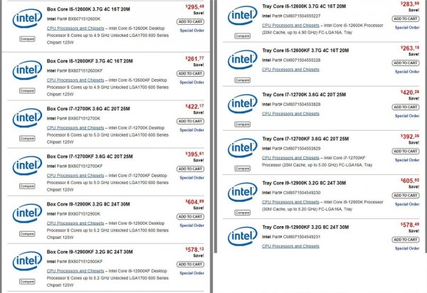 Intel Alder Lake-S, Core i5-12600KF, i5-12600K, Core i7-12700KF, i7-12700K, Core i9-12900K, i9-12900KF