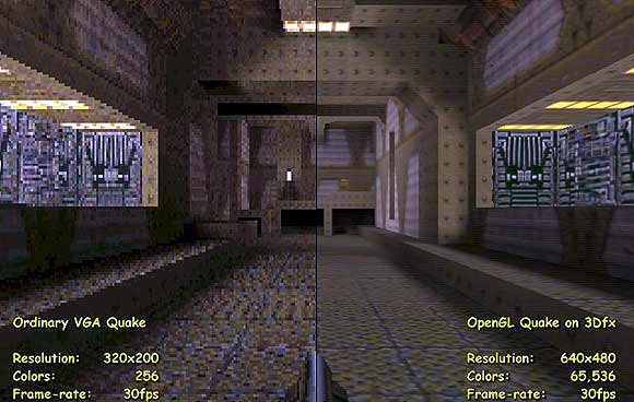 Quake без 3Dfx Glide и с 3Dfx Glide